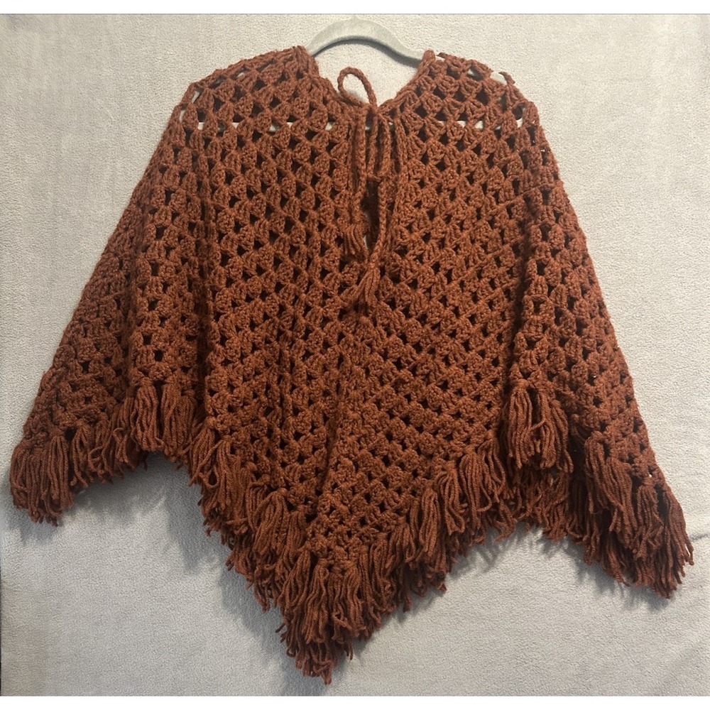 VTG‎ Knit Crochet Fringe Shawl One Size Brown Artisan Grannycore Boho Festival